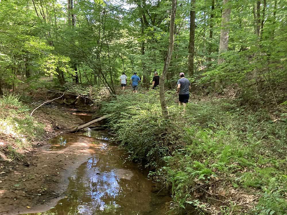 People hiking along the stream at BROAD RIVER CAMPGROUND