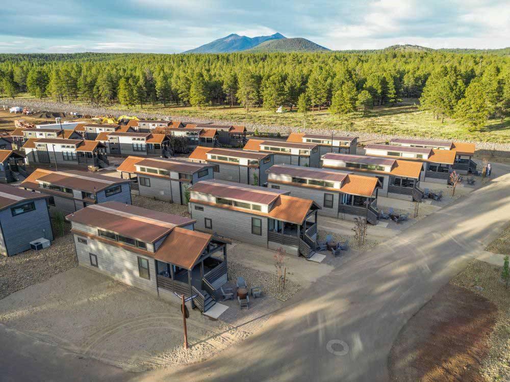 Aerial view of the rental cabins at VILLAGE CAMP FLAGSTAFF