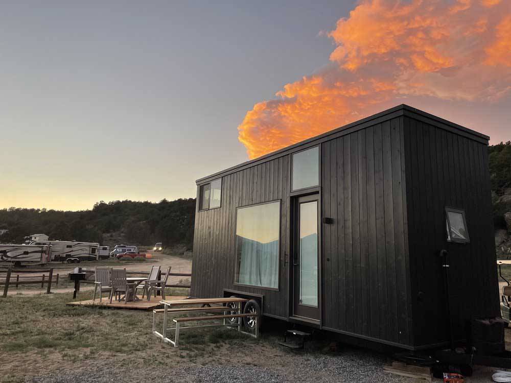 Exterior of the Harvard tiny home model at BV OVERLOOK CAMP & LODGING