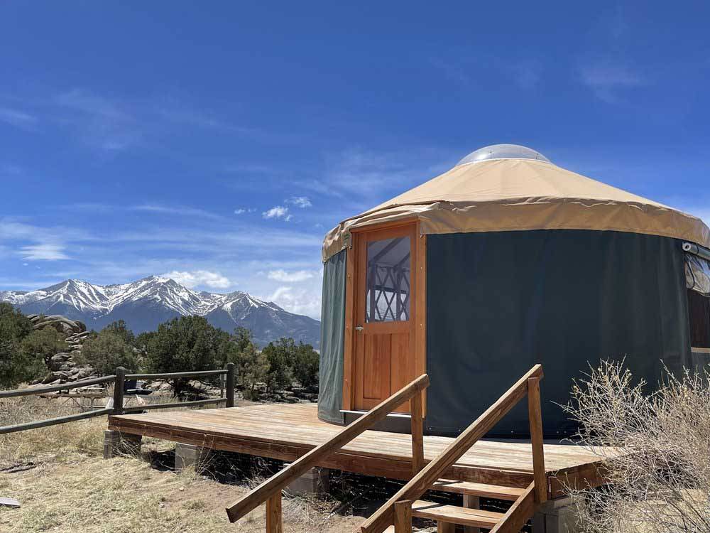 Outside of yurt available for rent at BV OVERLOOK CAMP & LODGING