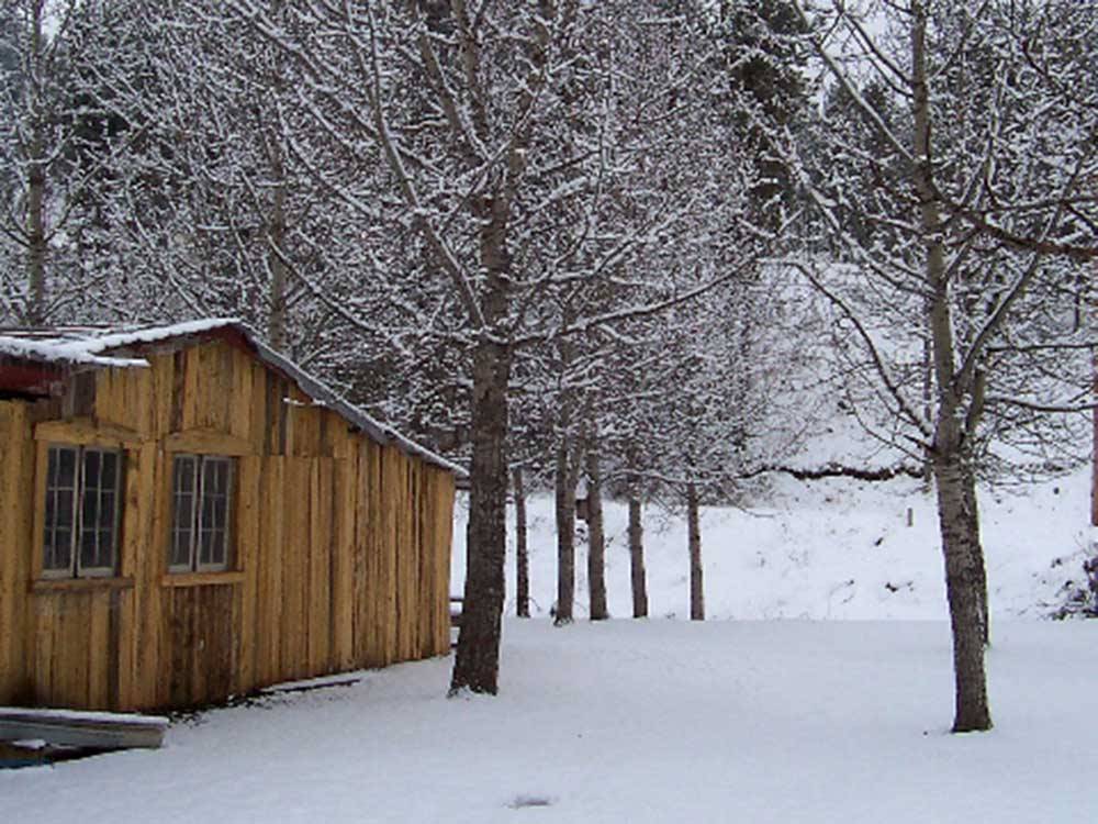 One of the buildings in the snow at FRENCH CREEK RV PARK AND CAMPGROUND