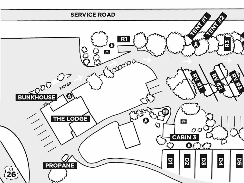 A drawing of the campsite map at HOVER CAMP
