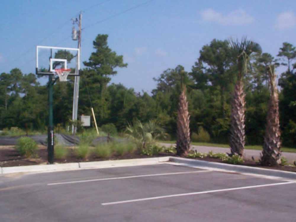 Basketball hoop mounted at edge of asphalt area at TOPSAIL SOUND RV PARK