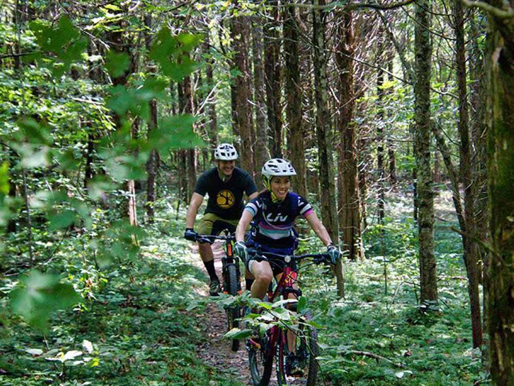 Man and woman cycle in trail through dense forest at PADDLE TRAIL CAMPGROUND ON THE GREEN RIVER