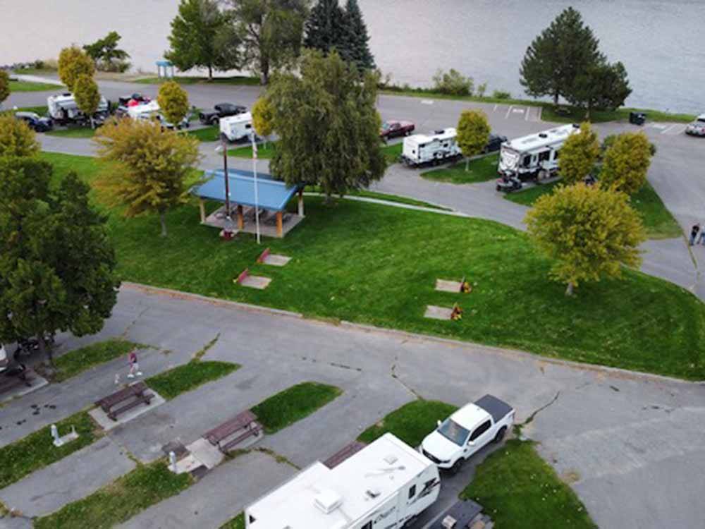 An aerial view of the horseshoe pits and campsites at BRIDGEPORT MARINA RV PARK
