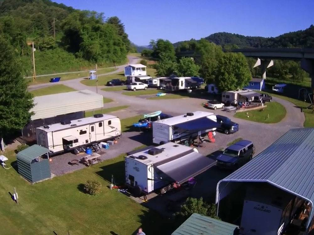 Aerial view of trailers parked in RV sites at NEW RIVER BRIDGE FAMILY CAMPGROUND