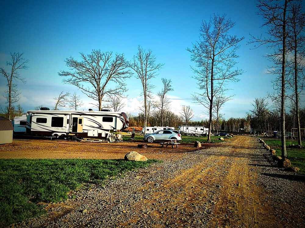 A row of travel trailers in RV sites at RINGLER FAMILY CAMPGROUND