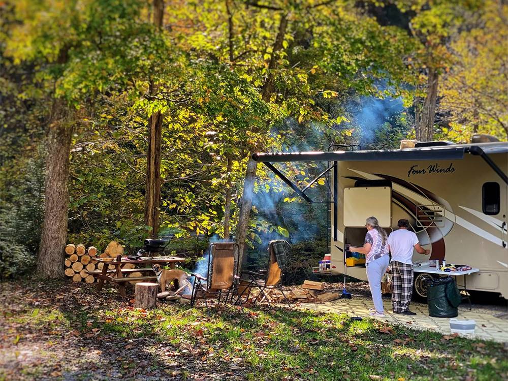 Two people and a dog at a site