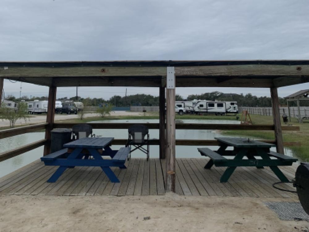 Picnic tables at the dock at Anchorage RV Park