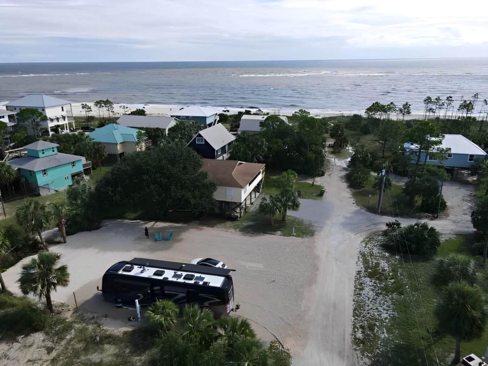 Aerial view of the RV site by the ocean