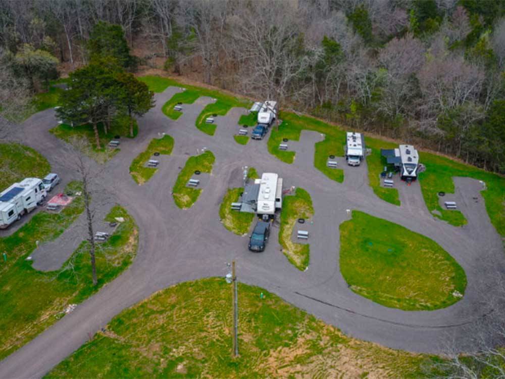 Aerial view with RVs parked in gravel sites at RURAL HILL FARM