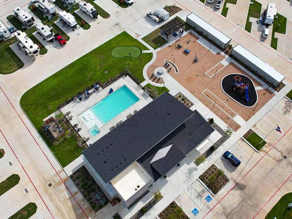 A drone shot of the main building, pool and more at JETSTREAM RV RESORT AT WALLER