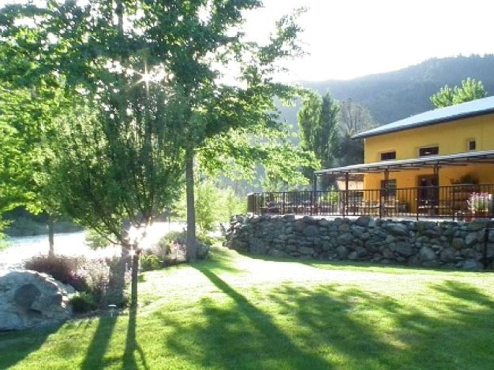 A building with mountains in the background