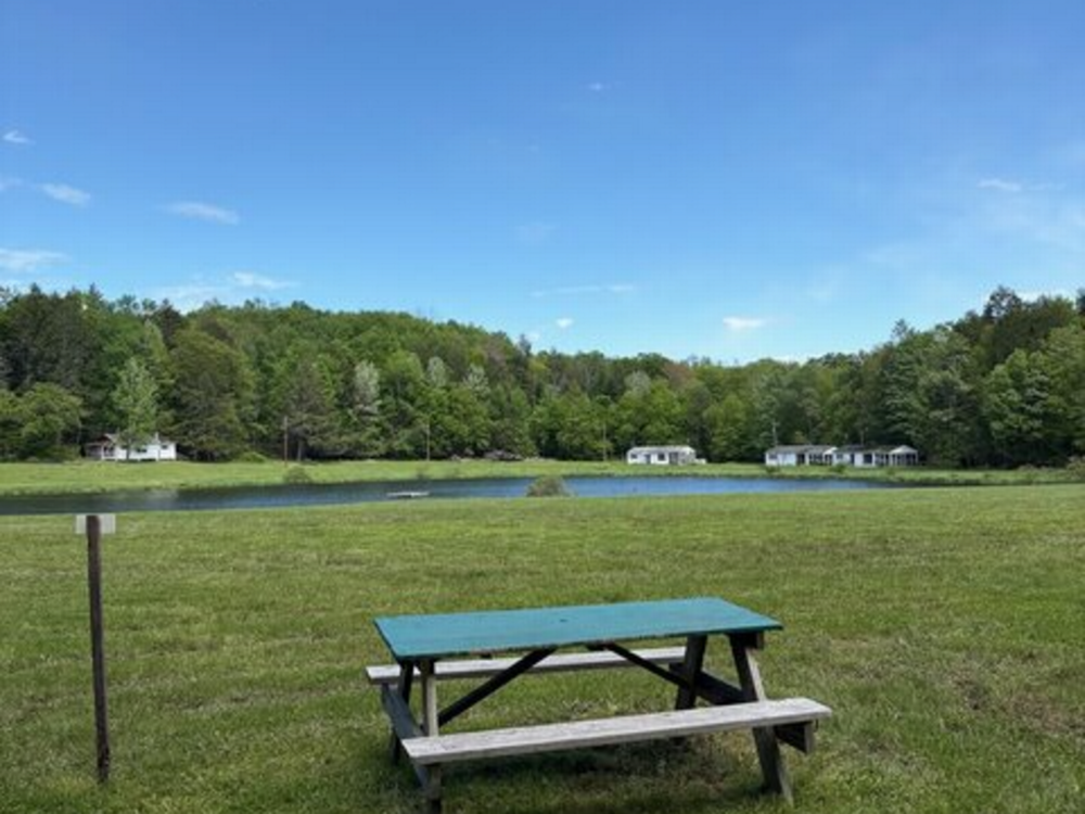 Picnic table at site with water view at Wake in the Woods Aquapark & Campground