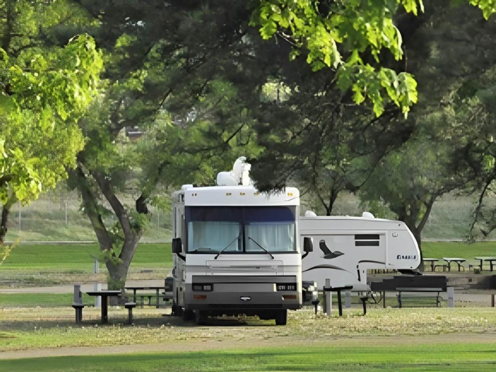 Parked RV at site Days End Campground & RV Park