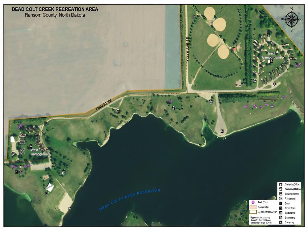 Map view with lake at Dead Colt Creek Recreation Area