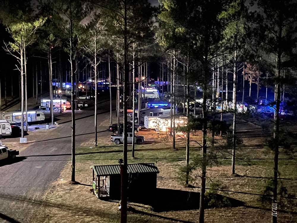 Aerial view of the RV sites at night at DREAM RV PARKS