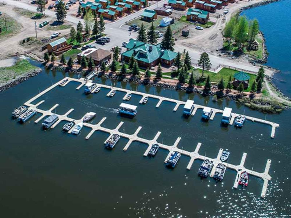 Aerial view of marina and cabins at Panguitch Lake Resort