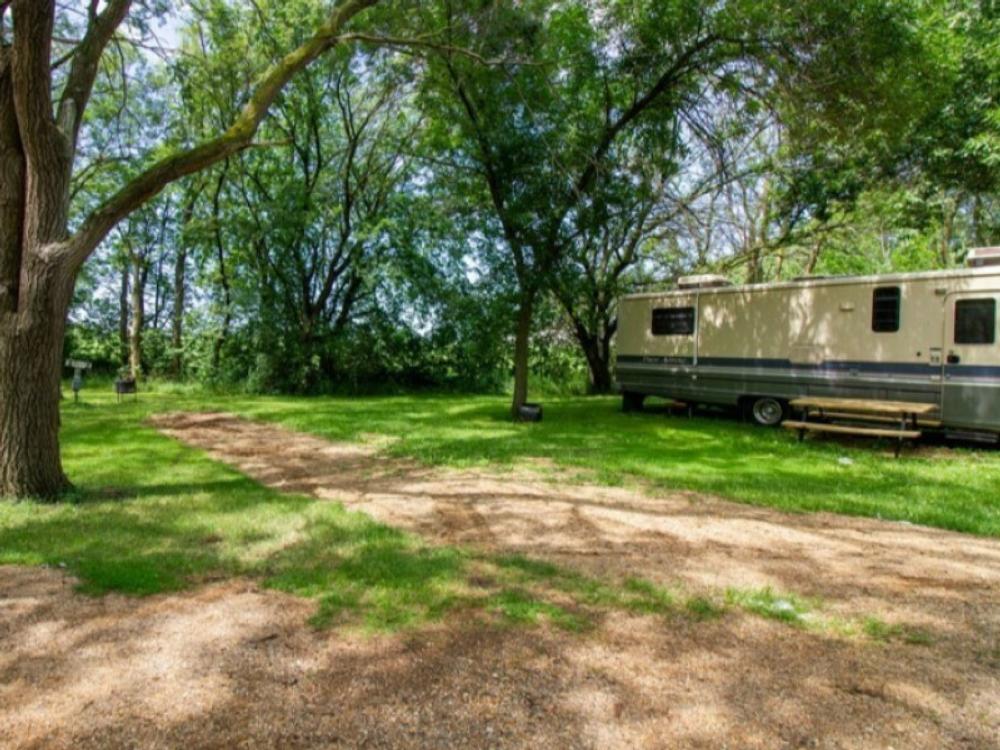 Gravel site by trees at Windmill RV Park Campground