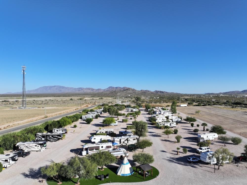 Aerial shot of RV sites and teepee at Indian Hills RV Resort