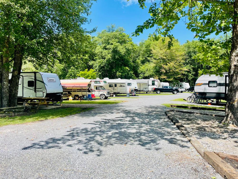 The gravel road going thru the campground at PIPESTEM RV PARK AND CAMPGROUND