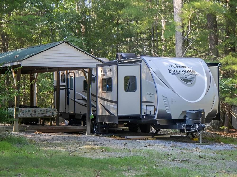 Parked RV with patio