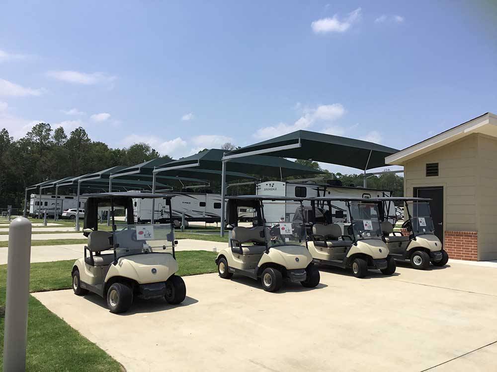 A row of golf carts parked at LAUREL SPRINGS RV RESORT