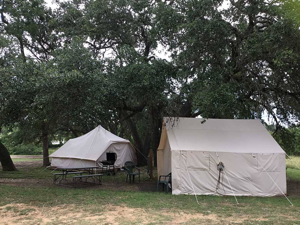 Two glamping tents under trees at REBECCA CREEK CAMPGROUNDS