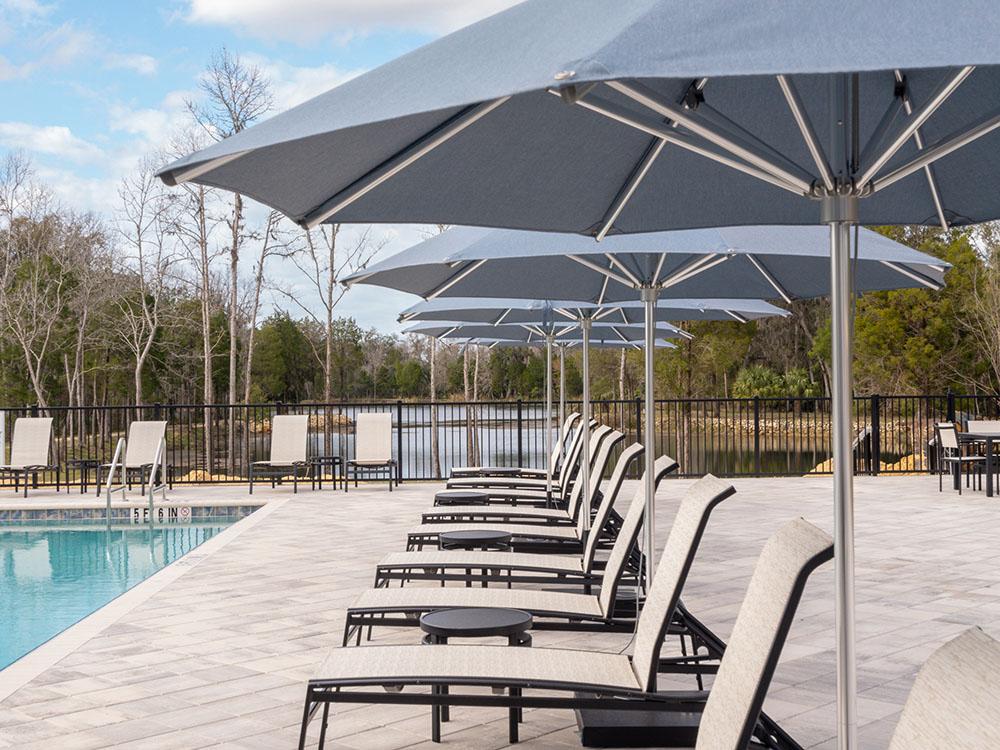 Lounge chairs by the pool at SWEET CITRUS ACRES RV RESORT