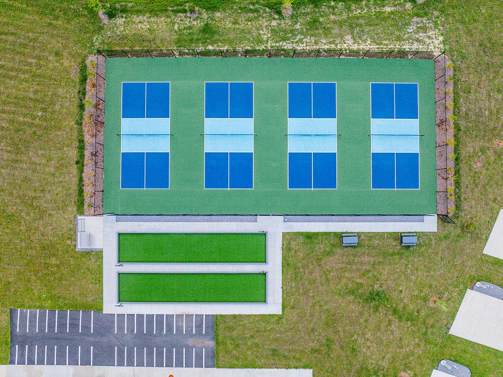 Aerial view of bocce ball and pickle ball courts at SWEET CITRUS ACRES RV RESORT