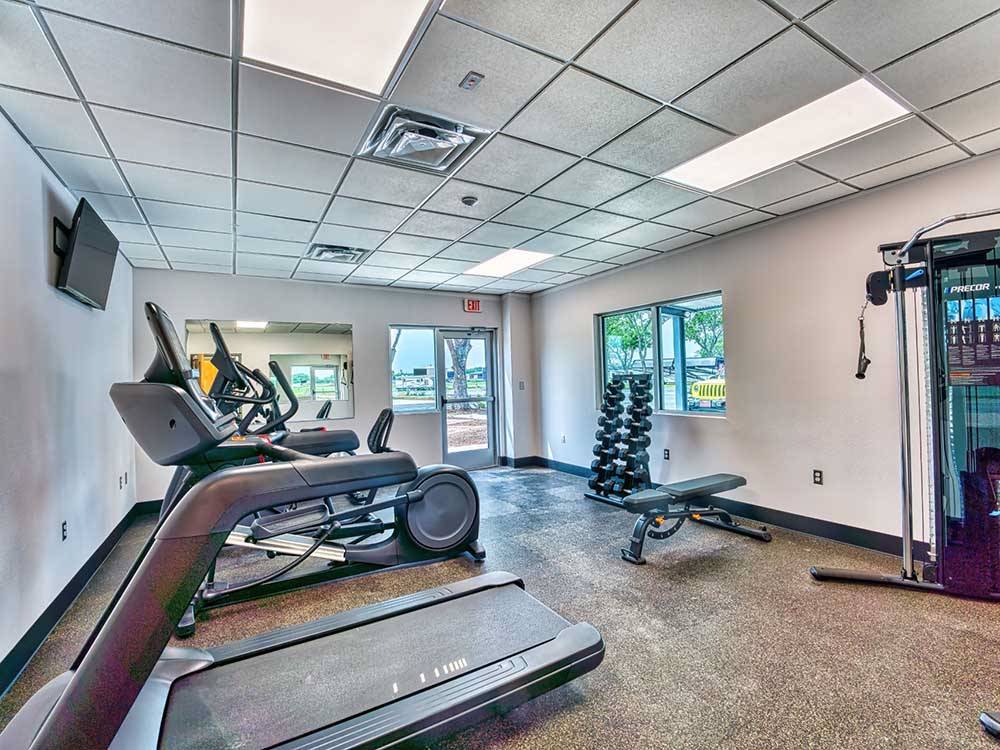 Inside of the exercise room at CANOPY LUXURY RV RESORT