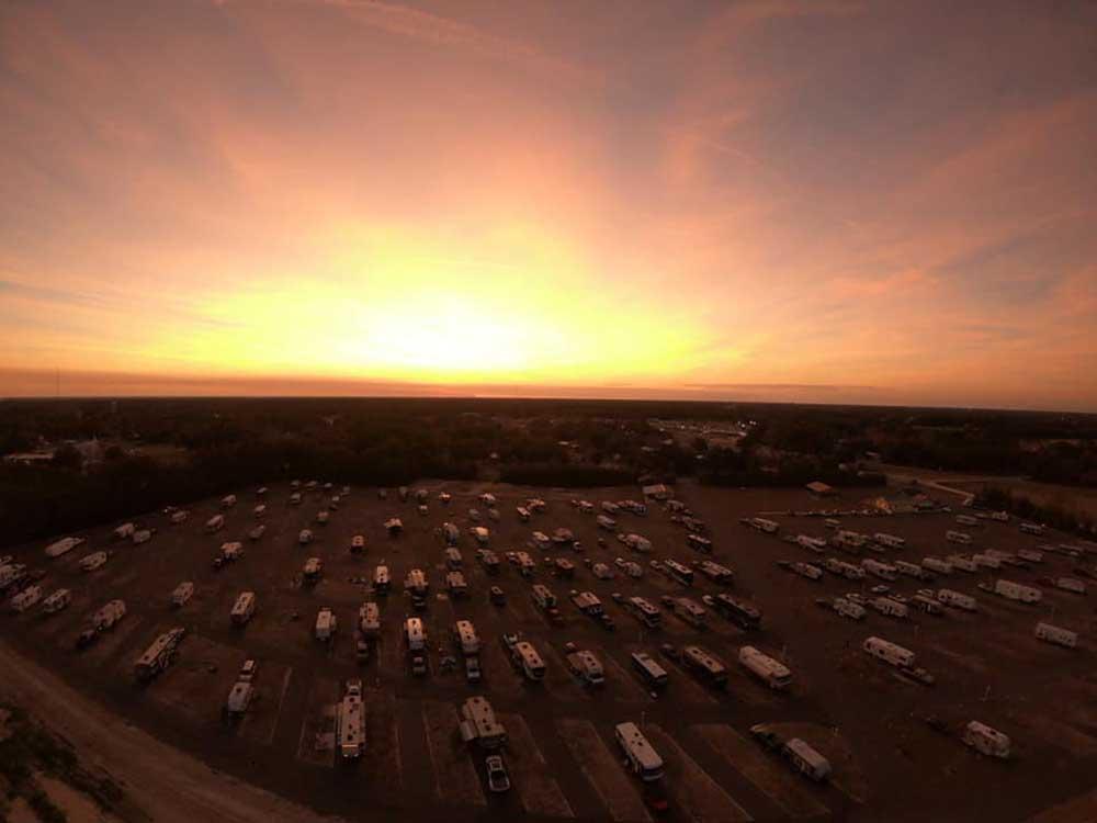 An aerial view of the campground at sunset at STRAWBERRY FIELDS FOR RV'ERS
