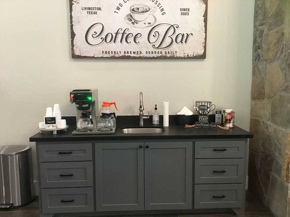 The coffee bar section at TWO CREEKS CROSSING RV RESORT