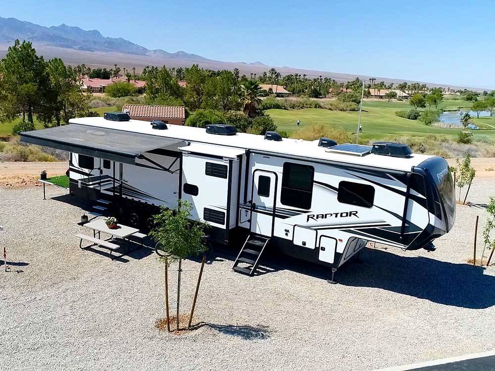 Aerial view of a fifth wheel trailer at MESQUITE TRAILS RV RESORT