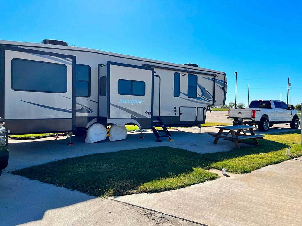 A fifth wheel parked in a paved RV site at THE RV RESORT