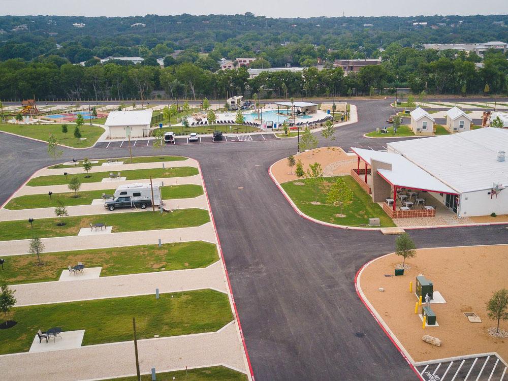 Aerial view of the RV sites at CAMP LANDA RV RESORT