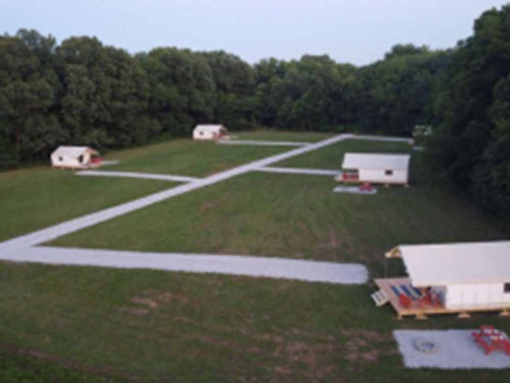 An aerial view of glamping tents at ROARING RIVER HILLS CAMPGROUND AND CABINS