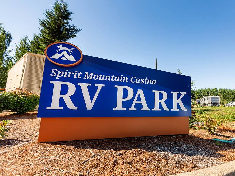The front entrance sign at SPIRIT MOUNTAIN CASINO RV PARK