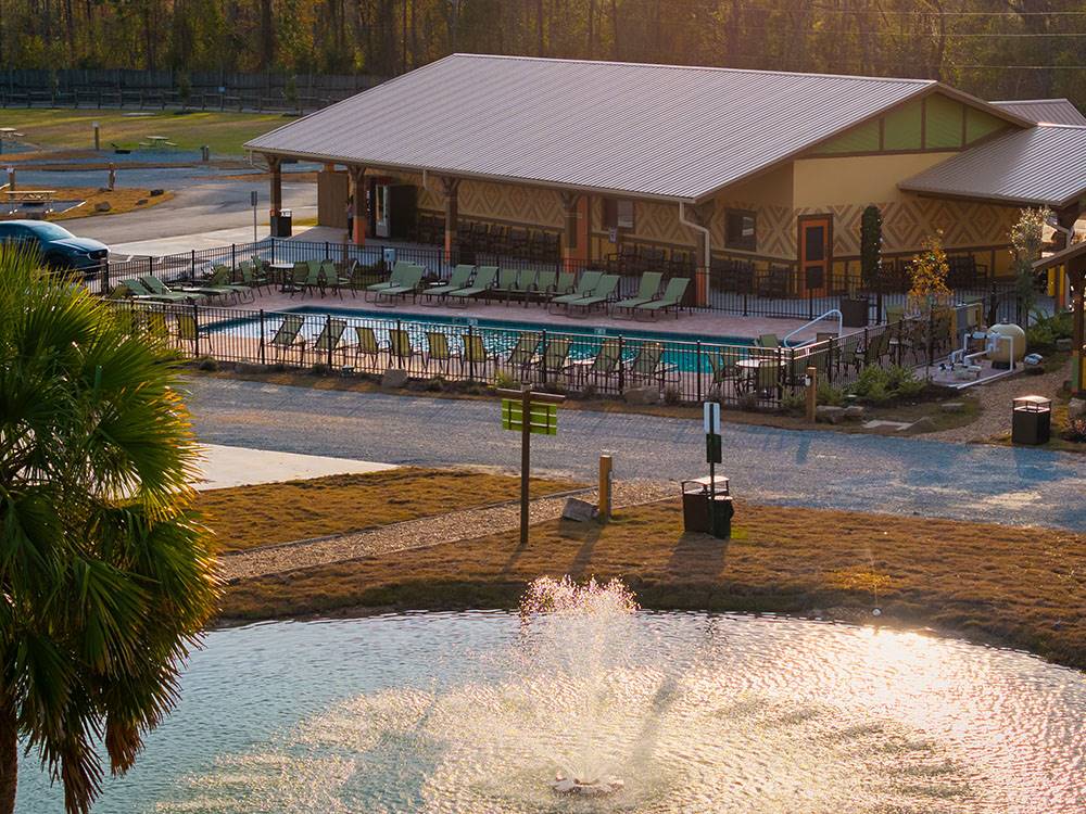 Overhead shot of the pond and pool area