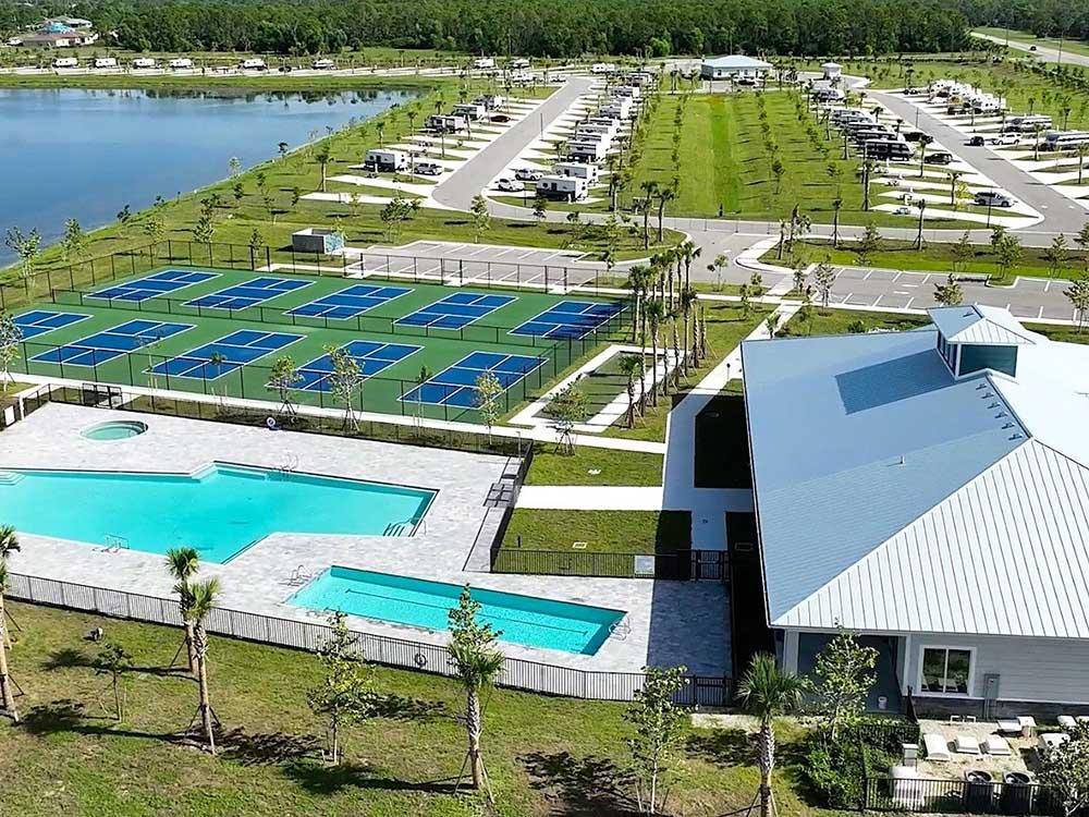 An overhead view of the main property at ENCORE TRANQUILITY LAKES