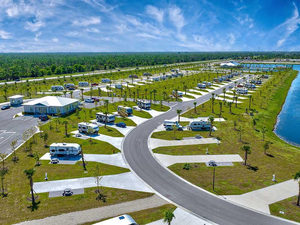A wide view of the entire campsite at ENCORE TRANQUILITY LAKES