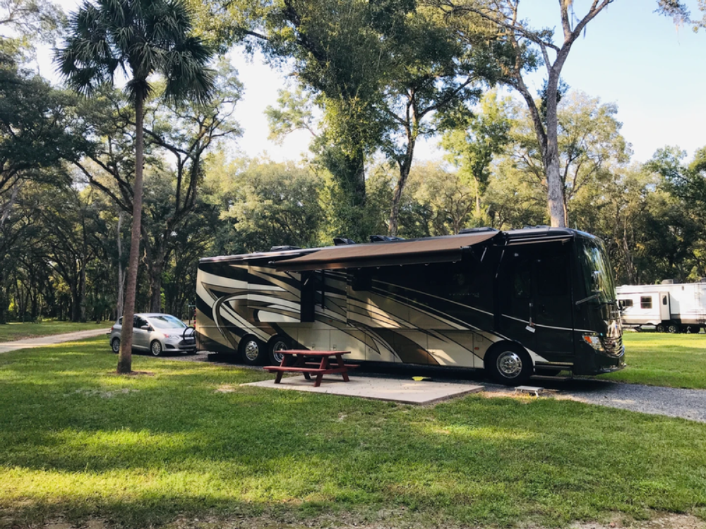 RV in site with grass lawn at Trails End RV Park