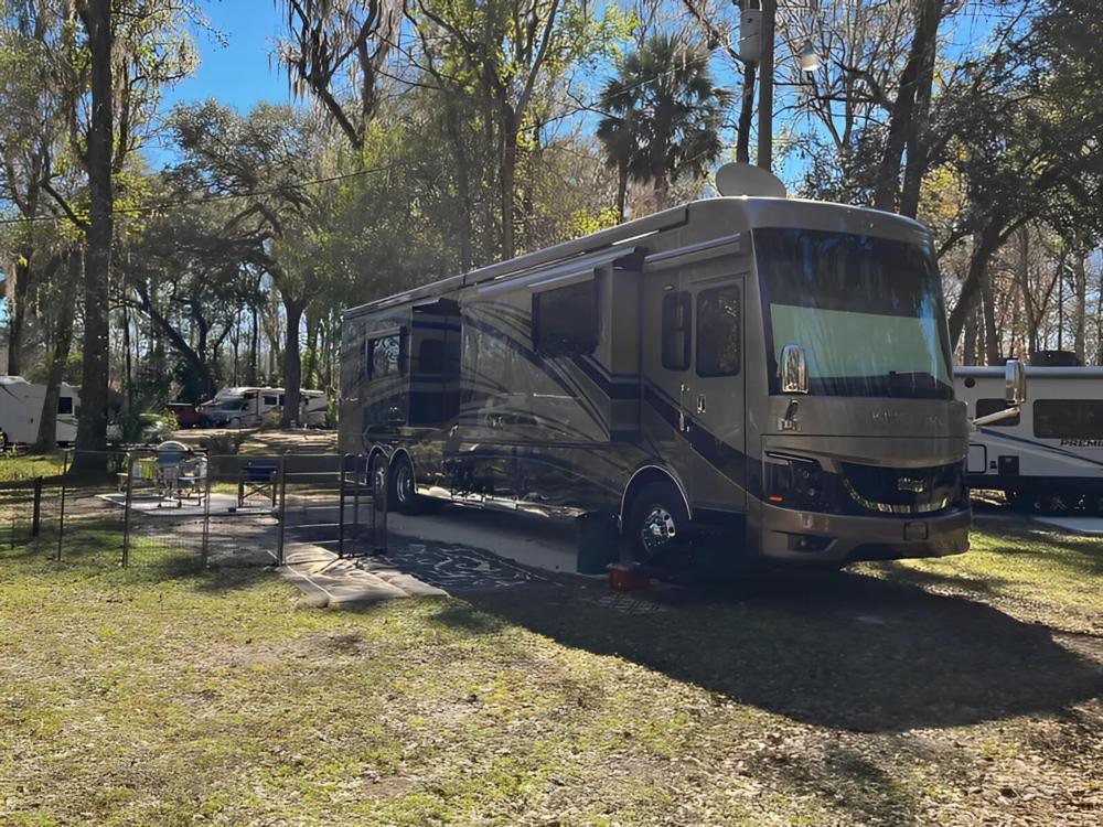 Parked RV at site Trails End RV Park