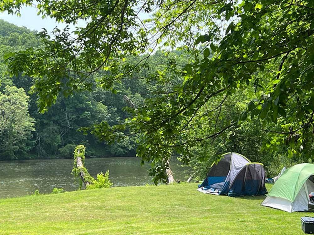Tents pitched near the river at HEAVENLY HILLS NATURE RETREAT