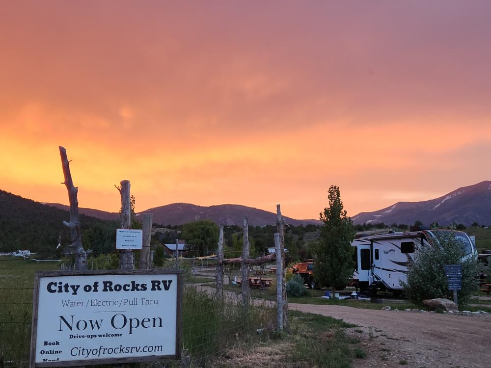 Park entrance at sunset at City of Rocks RV