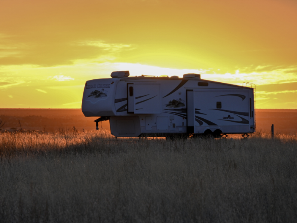 5th wheel in a field at MERUS Adventure