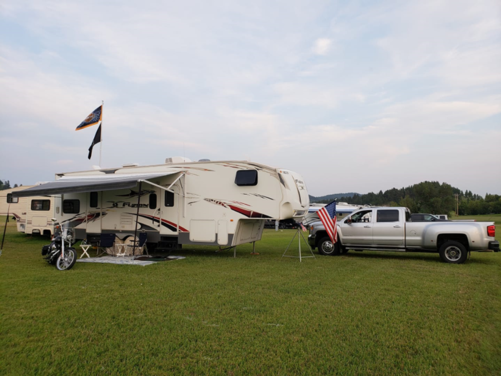 RV with American Flags at Bulldog Creek Campground