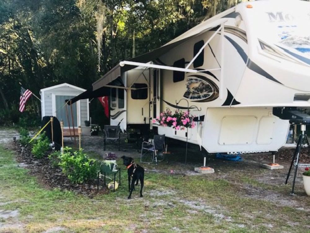 Trailer in grass site at Manatee Springs RV Park