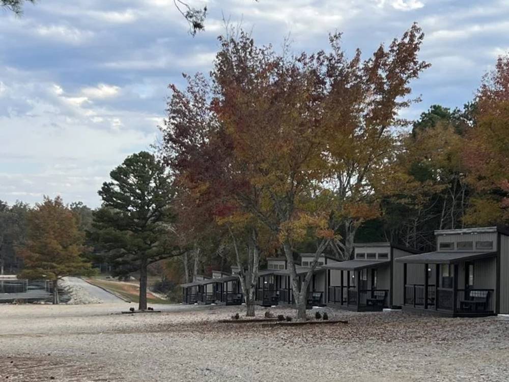 A row of rental cabins at Midway RV Park and Cabin Rentals