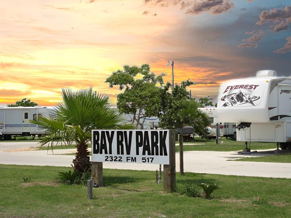 Welcome sign at site Bay RV Park